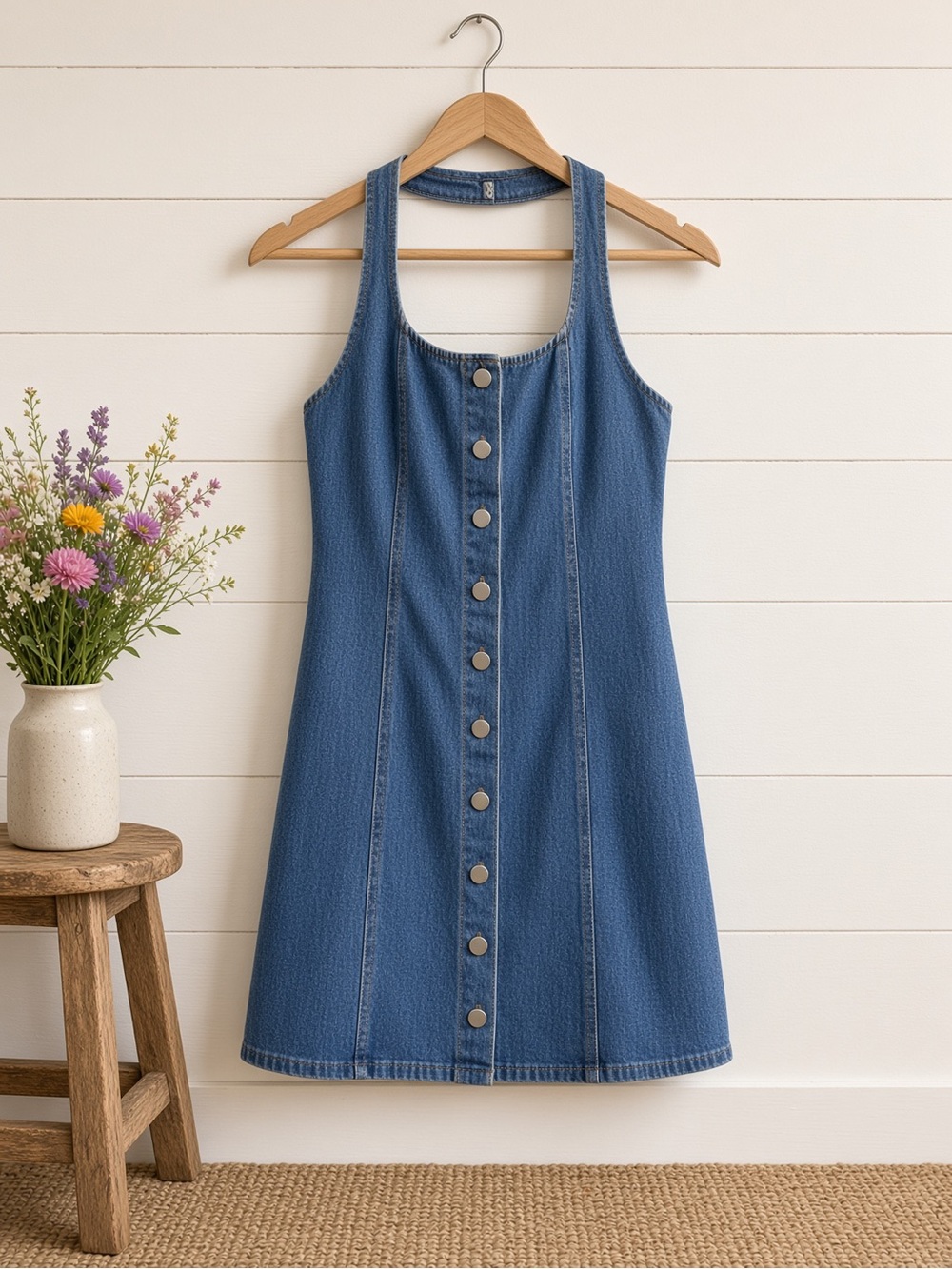 Halter Neck Denim Mini Dress. Large